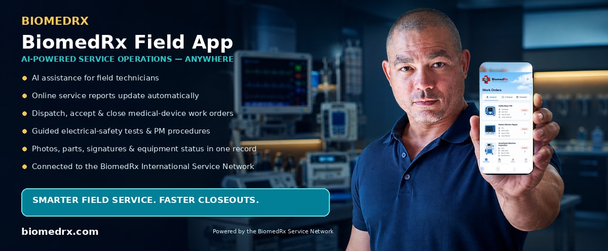 BiomedRx App - AI-powered field-service mobile app; automatic online service reports, work-order dispatch, and closeout